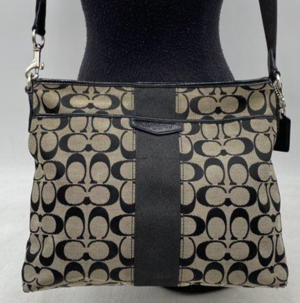 Coach Signature Stripe C File Shoulder Bag Crossbody Black Beige  Purse F28502